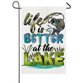 Life Is Better At The Lake Garden Flag Camo Fishing Camping Flags 12x18 Inch Double Sided Lake Life Yard Flag for Outside Lakeside House Decor Summer Holiday Decorations