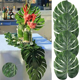 AerWo 14" Artificial Tropical Palm Leaves, Safari Birthday Decorations Extra Large Faux Leaf Jungle Hawaiian Party Decorations with Luau Beach Theme Decorations for Table Decoration Accessories, 48pcs