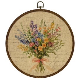 Vintage Letter Flowers Wall Art, Round Wood Grain Frame, Floral Garden Design, Hanging Round Decor,Watercolor Wildflower Bouquet Print for Bedroom Living Room10 In Diameter (Letter Flowers-01)