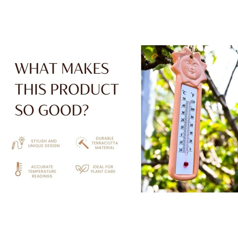 Terracotta Garden Thermometer with Sun Decor - Accurate Temperature Readings,