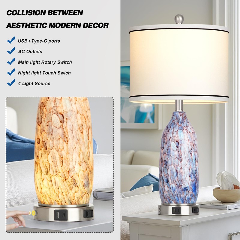 Coastal Lamps with USB A+C Ports & LED Night Light,