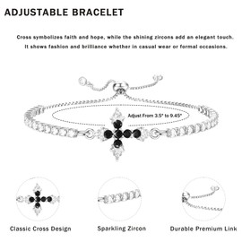 VIBILIA Silver Bracelets for Women, Cross Bracelets for Women Trendy, Adjustable Bracelets, Dainty Silver Tennis Bracelets, Catholic Gift for Mom Daughter Wife Sister Friend, Communion Gift, Black