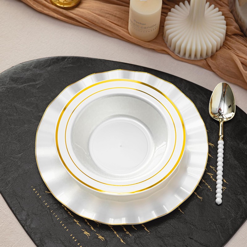 50 Pack 12oz Peal White Plastic Bowls with Gold Rim