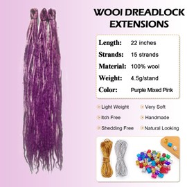 Purple Mixed Pink Wool Dreadlock Extensions 22 Inches Double Ended Hippie Single Dreads Extensions DE Ends 15 Strands Handmade Locs Extensions Reggae Style Crochet Hair for Wome