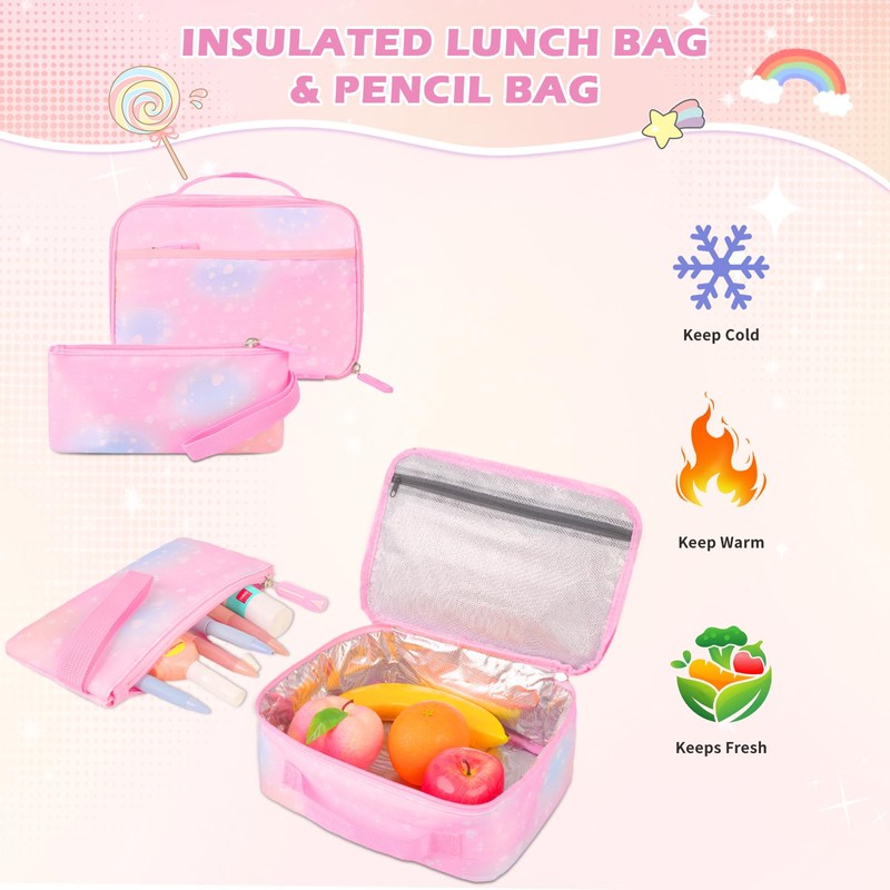 WQKMI Girl Backpack 3Pcs Sets,Cute Rainbow School Backpack Set for