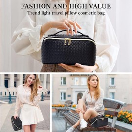 SOZOMO Cosmetiquera de Viaje de Gran Capacidad ，Bolsa de Maquillaje de Cuero PU Impermeable con Asa y Separadores， Bolsa Organizadora de Cosmeticos, Neceser de Viaje para Mujer Portátil (Negro)