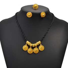 Ethiopian Traditional Jewelry | Eritrean Jewelry for Women Set | Ethiopian African Jewelry Wedding Sets Includes Cross Pendant Black Rope Earrings Ring Sets African Eritrean Religion (Black Rope 2)