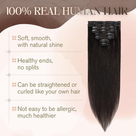 TESS Black Hair Extensions Clip in, 14 Inch 60g Clip in Hair Extensions, 8 Pieces Clip in Hair Extensions Real Human Hair - (Natural Black)