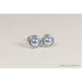 Sterling Silver Light Blue Pearl Stud Earrings Wire Wrapped Handmade