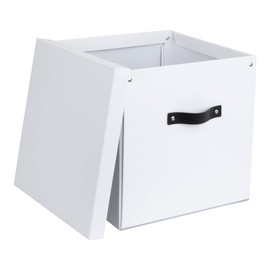 Bigso Logan Storage Box KD | Storage Cubes with Lid for Shelves and Cubical Room Organizers | Collapsible Storage Cube with Leather Handle for Organization | 12.4’’ x 12.4’’ x 12.2’’ | White