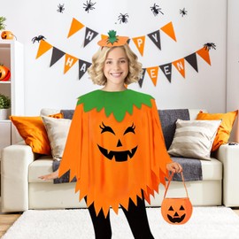Disfraz de calabaza para mujer, 3 unidades, disfraz de Halloween, poncho de calabaza para adultos, con bolsa para la diadema