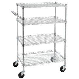 Finnhomy 4 Tier Heavy Duty Commercial Grade Rolling Cart with Handle Bar, Metal Wire Utility Cart with Wheels, Service Trolley on Wheels, Shelf Size 18" D x 30" W, NSF Listed, Chrome