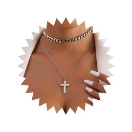 Sttiafay Boho Layered Cross Choker Necklace Silver Cross Pendant Necklace Chunky Cuban Link Chain Necklace Vintage Crucifix Necklace Chain Jewelry for Women