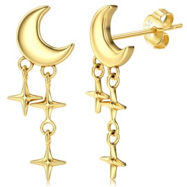 JeweBella Moon Star Earrings Silver 925 Hanging for Women Girls Children Hypoallergenic Small Moon Stud Earrings with Star Pendant Hanging Earrings Drop Earrings Silver/Gold/Rose Gold, Silver