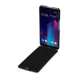 StilGut Slim Vertical Flip Case for HTC U11 Plus/U11+, Genuine Leather HTC U11 Plus Case with Auto Wake/Sleep Function, Black