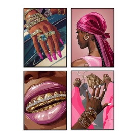 Godont 4pcs Pink purple black girl poster African American Black Women Painting Fashionable magnificent Black Girl Wall Images Suitable For Black and Pink Room Decoration pictures 8x10unframed