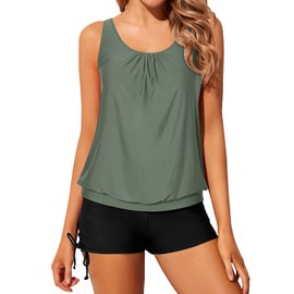 Yonique Blouson - Traje de baño tankini para mujer, 2 piezas, con pantalones cortos, modesto, ajuste holgado, Verde militar, 22 Plus