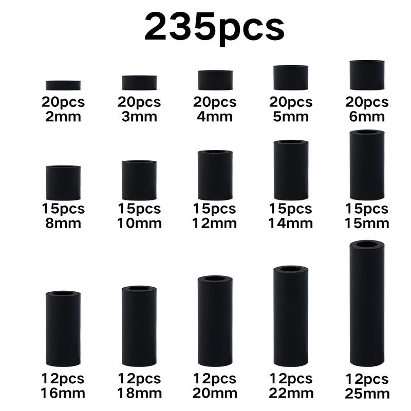 Zmbroll 235 Pcs ABS Black Round Gasket Outer Diameter 7mm