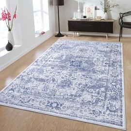 Keeko 6x9 Area Rugs for Living Room, Large Vintage Bedroom Washable Rugs Soft Fluffy Indoor Low Pile Accent Print Rug Non Shedding Non Slip Floral Carpet Rug for Office Dining Room Decor Blue