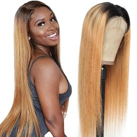 Straight Human Hair Wig Real Hair 4 x 4 Lace Front Human Hair Wig 1B/27 Blonde Coloured Unprocessed Brazilian Remy Hair Glueless Wig with Baby Hair for Woman 22 Inches