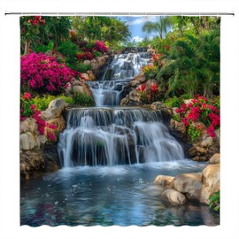 Tropical Waterfall Shower Curtain Green Forest Floral Lake Plant Jungle Nature Landscape Bathroom Home Curtain with Hooks,70" Wx70 H