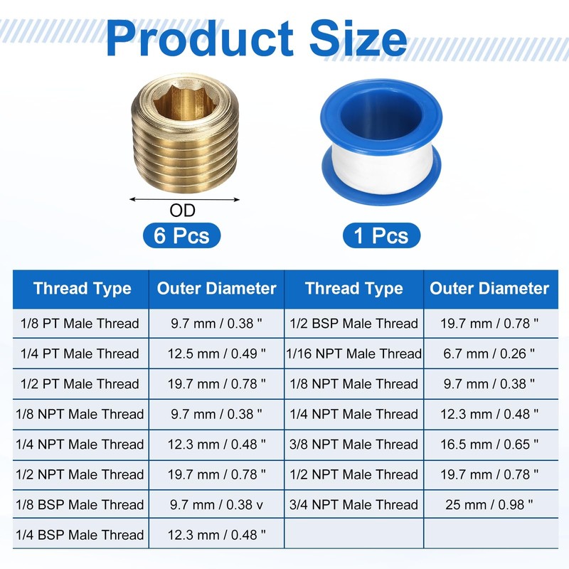 sourcing map 6Pcs 1/4 NPT Brass Pipe Plug Fitting, Male
