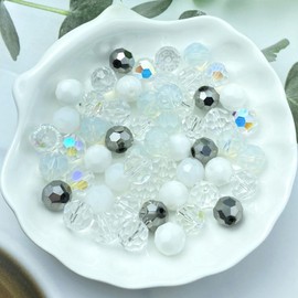 Jmassyang 50 Pieces 10mm Round Faceted Crystal Glass Beads Loose Spacer Beads for DIY Jewelry Making Bracelets Necklaces Earrings Wind Chimes Suncatchers(White Mixed)