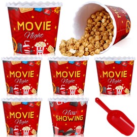 Roshtia 6 Pieces Plastic Popcorn Containers Reusable 75 oz Popcorn Bowl with Popcorn Scoop Retro Style Popcorn Boxes Red Popcorn Plastic Scoop Set for Movie Theater Night (Movie)