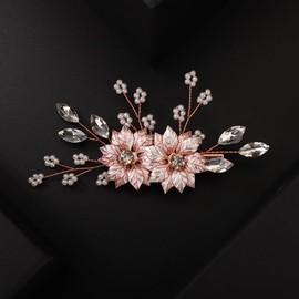 Teyglen Bridal Hair Clip Flower Crystal Hair Clip Barrette Floral Flower Pearl Hair Comb Handmade Gold Silver Crystal Pearl Hair Pieces Vintage Headpieces Hair Accessories for Bride Women Girls (Rose Gold)