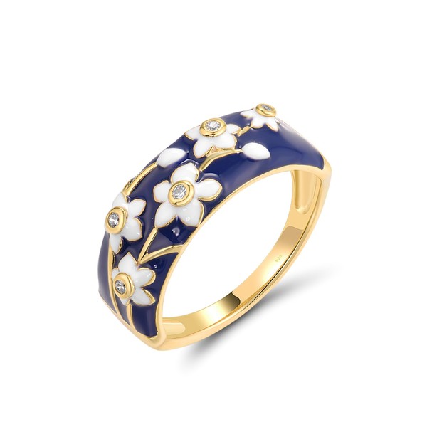 Santuzza Orchid Ring 925 Sterling Silver Enamel White Flower Pattern