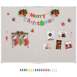 Large Cork Board with Linen, 60" x 40" Linen Bulletin Board Hanging Aluminum Framed Pin Board, Picture Display Vision Board Corkboards for Wall Office School Decor, 20 Pushpins(Beige)