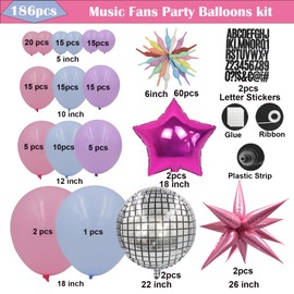 Songstar Pink and Purple Blue Balloons Arch Garland Kit with 186pcs Pastel Latex Balloons and Disco Star Cone Balloons for Music Fans Birthday Popular Singer Birthday Party Decorations