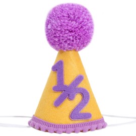Agvgaza - Sombrero de fiesta de medio cumpleaños, colorido y lindo sombrero de cono de 1/2, accesorios para fotos de seis meses, decoración de media manera a una fiesta (amarillo y morado)