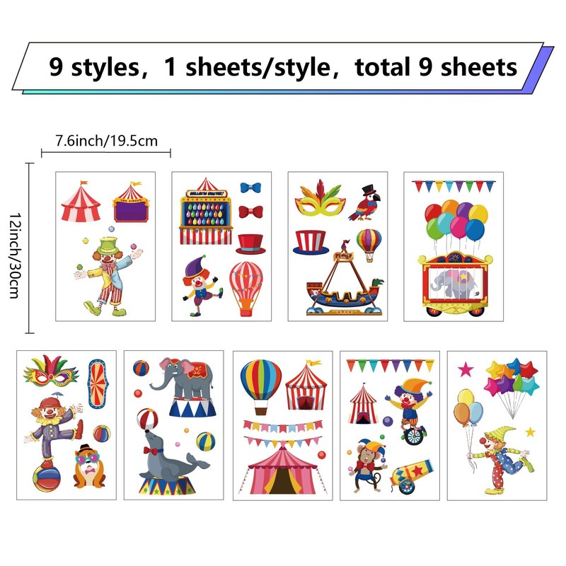 CREATCABIN 9 Sheets Circus Carnival Animals Window Stickers Clown Amusement