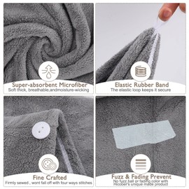 Laicky 3 Pack Microfiber Hair Drying Towel Wrap Super Absorbent Twist Turban Fast Dry Hair Caps with Buttons Bath Loop Fasten Salon Dry Hair Hat (Gray)