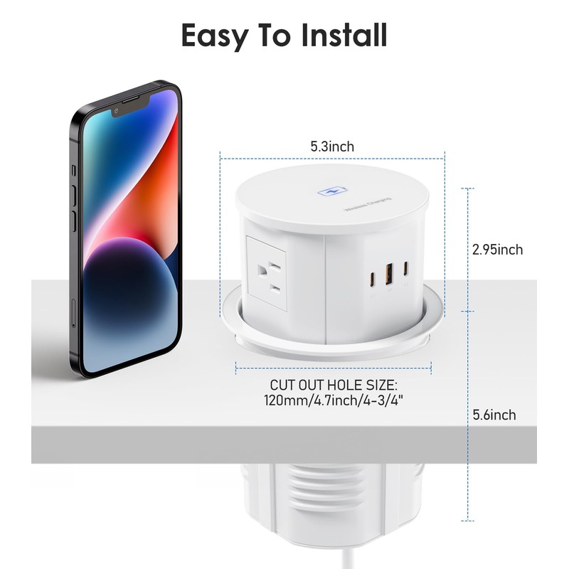 ANNQUAN 4.75" Pop Up Outlet with 65W USB-C,15W Wireless Charger,4