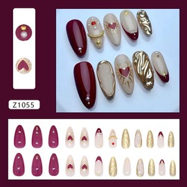 Mkwntg 24Pcs Hearts Press on Nails Medium Almond Fake Nails with 3D Gold Star Pearl Rhinestones Design Red French Tip Glossy False Nails Golden Chrome Nude Full Cover Acrylic Stick on Nails for Women