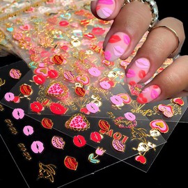 30 Sheets Valentine's Day Nail Art Stickers Heart Nail Decals 3D Self Adhesive Nail Decals Lipstick Love Red Lip Designs Valentine Nail Decorations for Women Manicure