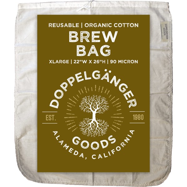 (XL 22in x 26in) Organic Cotton Brew In A Bag - Designed in CA - Reusable Home Brewing Strainer Bag with EasyOpen Drawstring to Boil and Strain Hops, Apple Cider, Commercial Cold Brew Coffee Filter