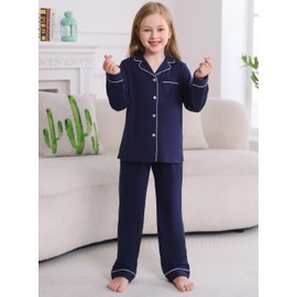 Veseacky Girls Pajamas Sets 100% Cotton PJ ButtonDown Long Sleeve 2 Piece Pajamas Set Boys Girls Pjs for Ages 5-14(Nave blue,150)