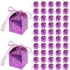 YaYuanSun 50Pcs Eid Mubarak Candy Boxes Muslim Ramadan Laser Cut Favor boxes with Ribbon Goodie Candy Boxes for for Eid Islamic Party Birthday Baby Shower Wedding Decorations (Purple)