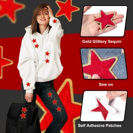 Jexine 32 Pieces Chenille Star Patches Self Adhesive Small Star Fabric Stickers Patches DIY Sewing Embroidered Appliques for Christmas Clothes Clothing, 2.36 Inch(Red)