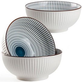 Hesen 60 oz Large Soup Bowl, Pho Bowls, Japanese Ramen Bowl Set, Big Porcelain Bowls Set of 3, 8 inches, Stripe Pattern