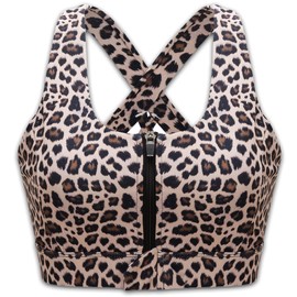 Cordaw Zipper in Front Sports Bra High Impact Strappy Back Support Workout Top, Brown Leopard Print XXXL