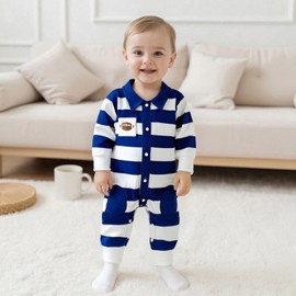 Santikisler Newborn Baby Boy Game Day Outfit Football Romper Long Sleeve Lapel Polo Jumpsuit Striped Bodysuit Clothes Fall (Blue, 0-3 Months)