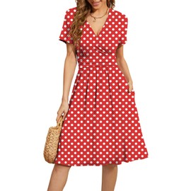 WEACZZY Women Summer Casual Short Sleeve Dresses Empire Waist Dress with Pockets,White Dot Red,M