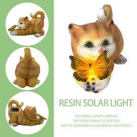 HIAME Cat Figurine Garden Decoration Cat Garden Decoration Butterflies Solar Lights for Outdoor Balcony Garden Decoration Courtyard Layout Cute Cat Top Butterfly Ornaments Resin Solar Lights (Yellow)