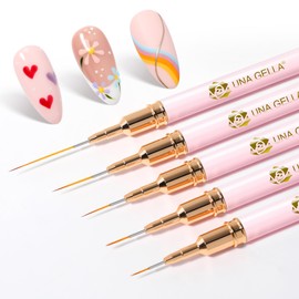 UNA GELLA Metallic Nail Art Pens Liner Brushes Set 5Pcs Pink Color For Nail Art Gel Polish - Thin Detail Nail Art Design Painting Brush Set For Nails Gel Fine Drawing Nail Tools Sizes 7/9/11/15/20mm