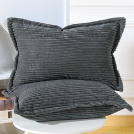 Madizz Dark Grey Corduroy Cushion Covers with Fringe Edge 12x20 inch, 30x50 cm, Set of 2 Soft Boho Striped Pillow Covers Broadside Decorative Textured Throw Pillows for Sofa Bedroom Pillow Shell