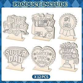 Ertyjikg 12 Set Father's Day Crafts for Kids Bulk DIY Color Your Own Father's Day Wood Tabletop Signs Father's Day Gifts for Dad Home Table Decorations
